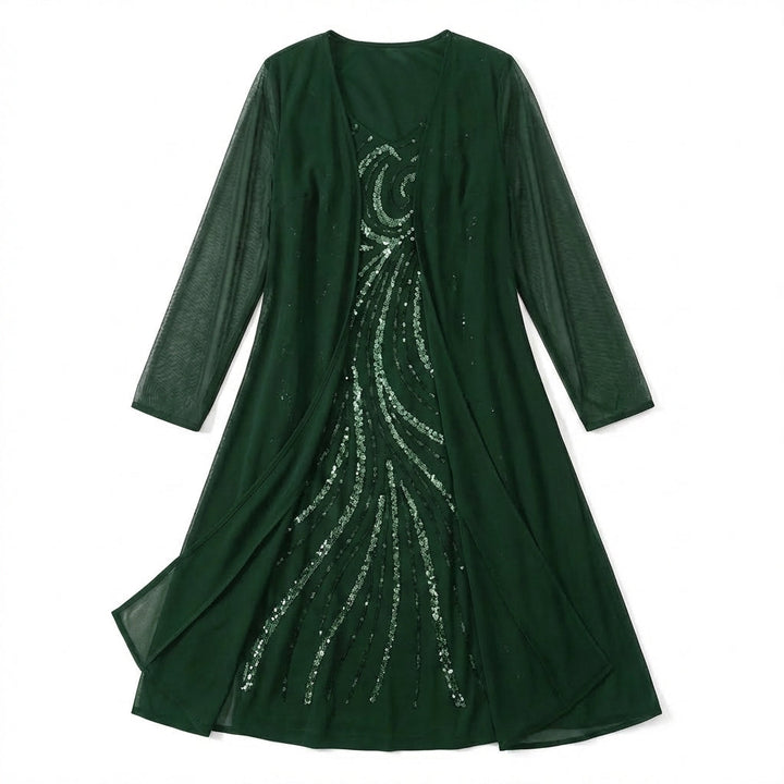 Women’s V Neck Midi Dress – Sheath Sequin Jacket Set