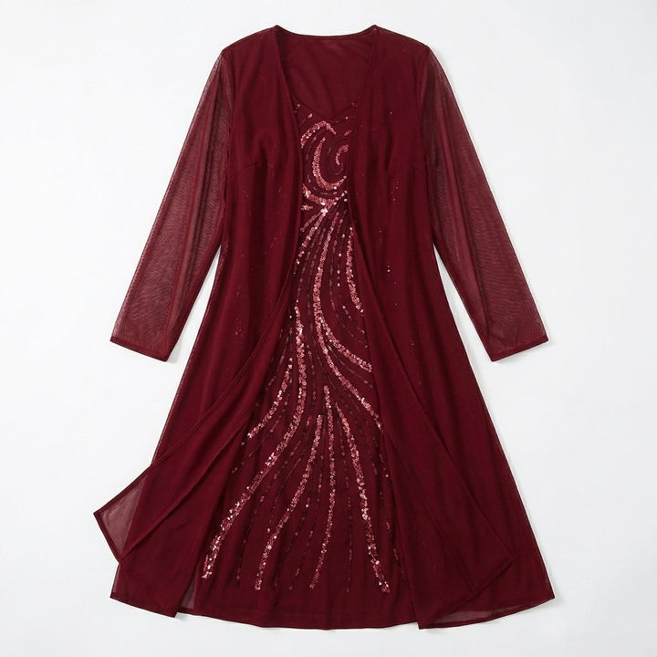 Women’s V Neck Midi Dress – Sheath Sequin Jacket Set