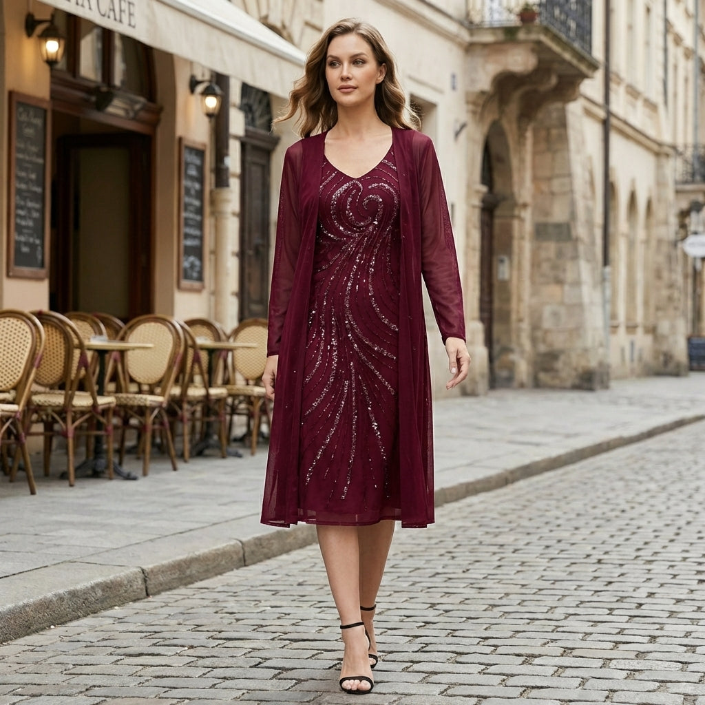 Women’s V Neck Midi Dress – Sheath Sequin Jacket Set
