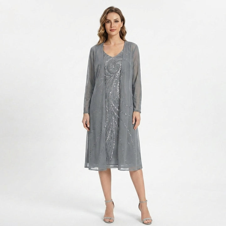 Women’s V Neck Midi Dress – Sheath Sequin Jacket Set