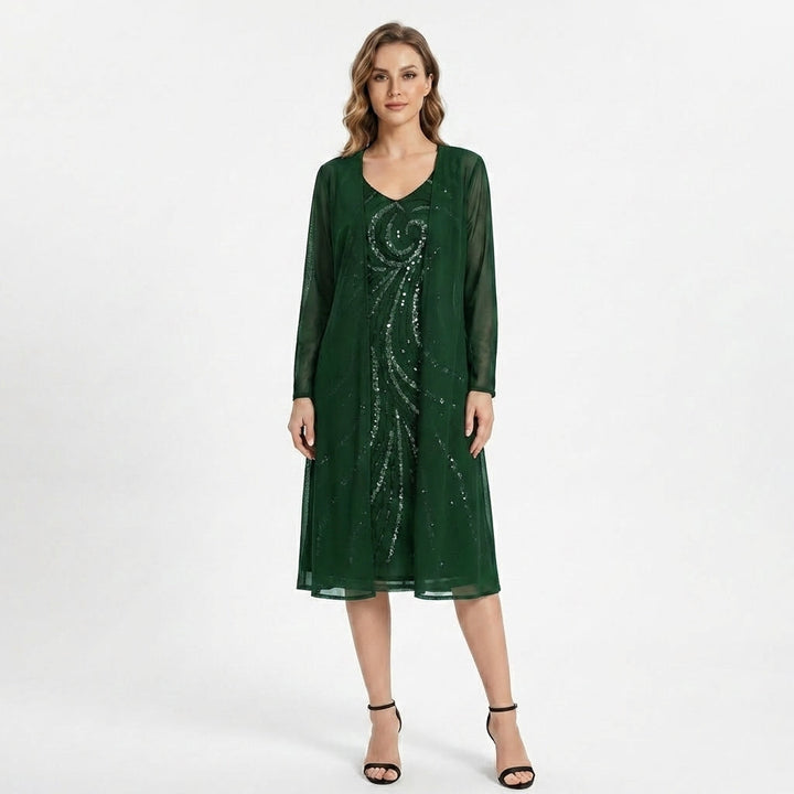 Women’s V Neck Midi Dress – Sheath Sequin Jacket Set