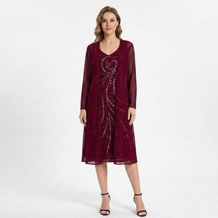 Women’s V Neck Midi Dress – Sheath Sequin Jacket Set