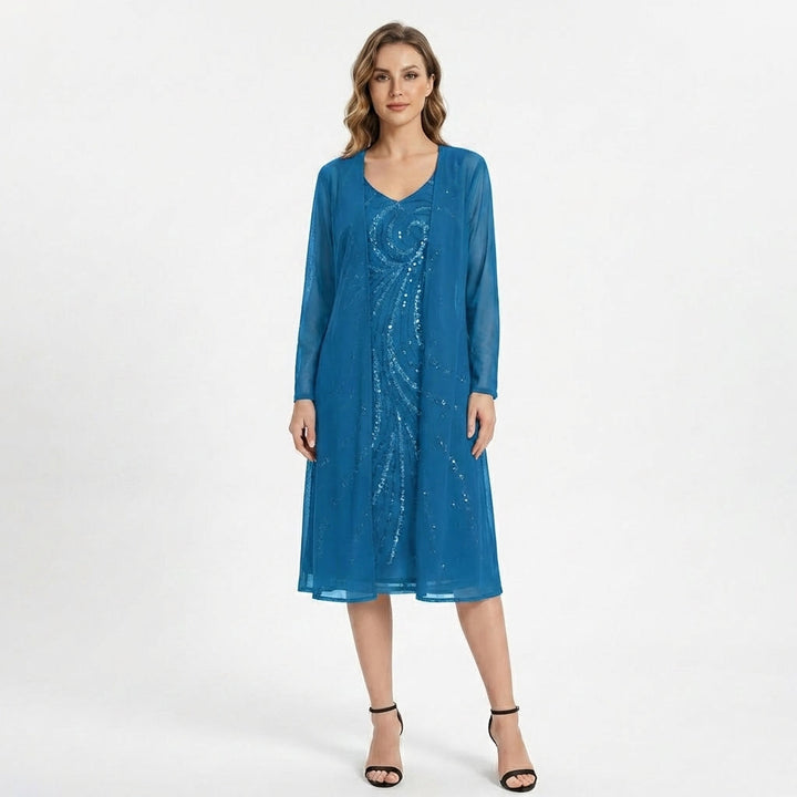 Women’s V Neck Midi Dress – Sheath Sequin Jacket Set