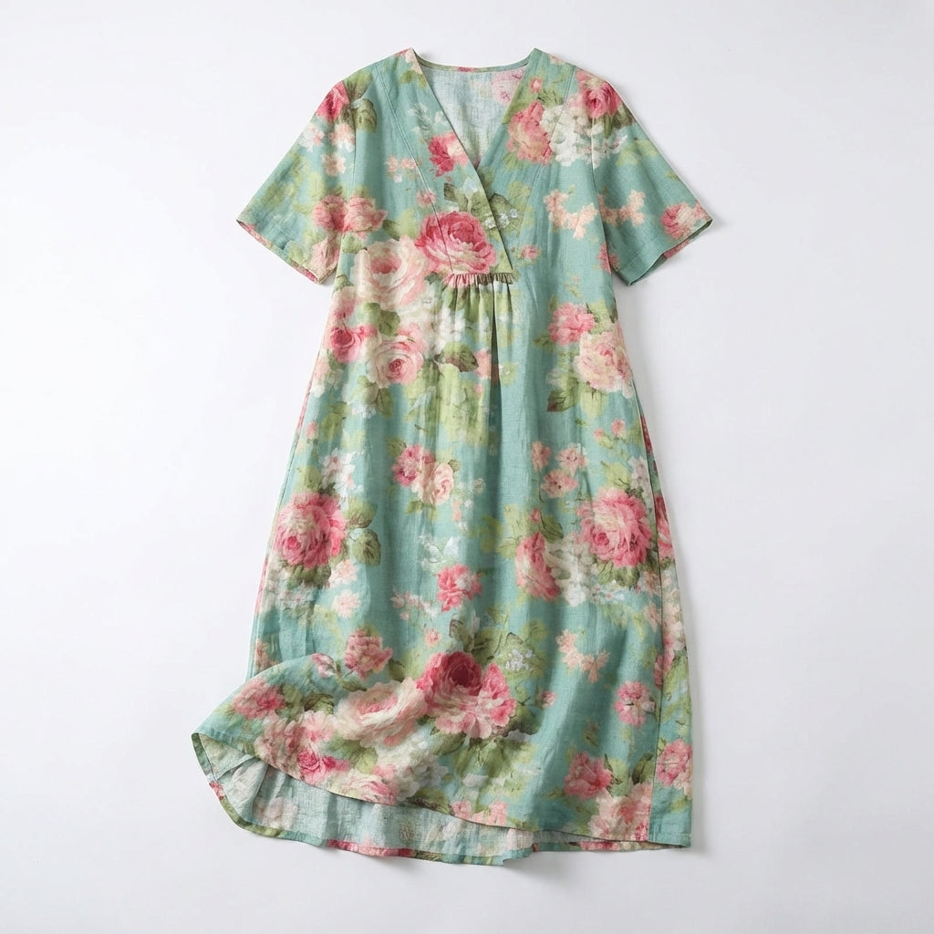 Women’s V Neck Midi Dress – Short Sleeve Floral