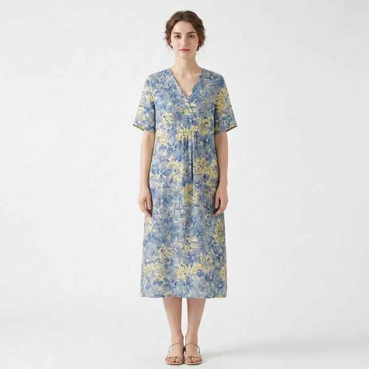 Women’s V Neck Midi Dress – Short Sleeve Floral