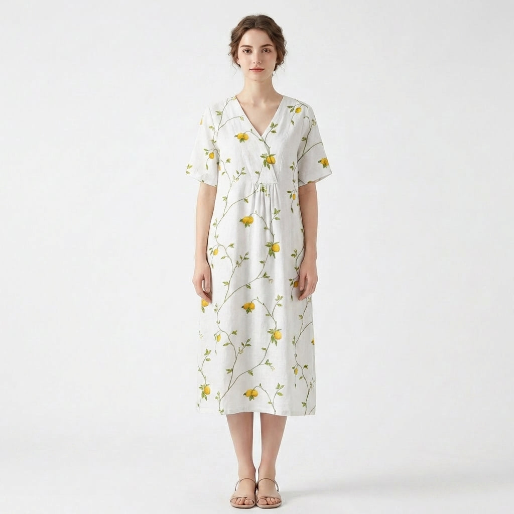 Women’s V Neck Midi Dress – Short Sleeve Floral