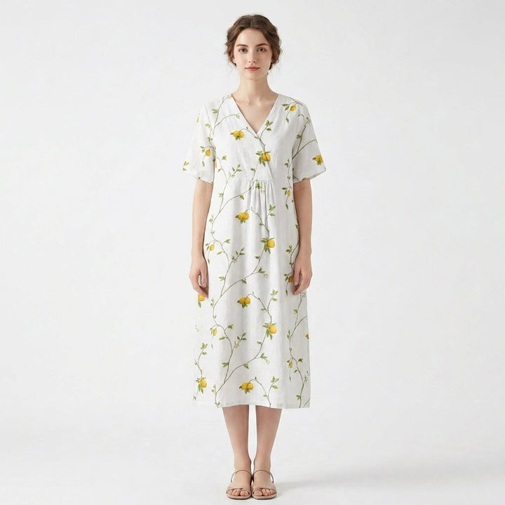 Women’s V Neck Midi Dress – Short Sleeve Floral