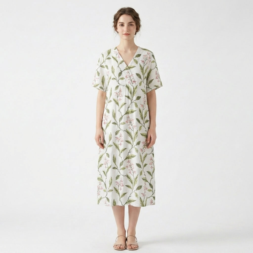 Women’s V Neck Midi Dress – Short Sleeve Floral