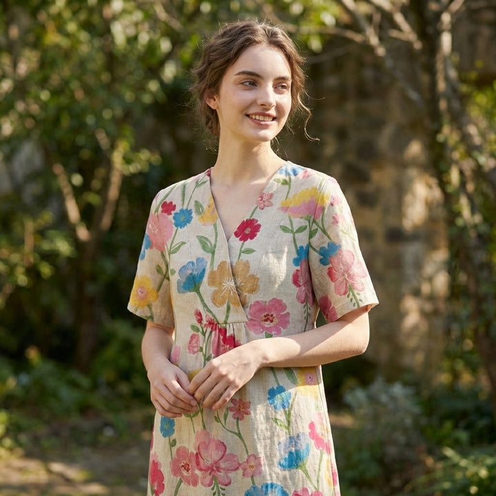 Women’s V Neck Midi Dress – Short Sleeve Floral