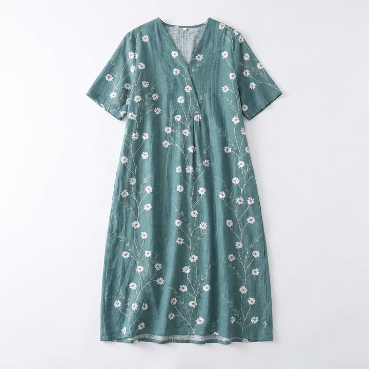 Women’s V Neck Midi Dress – Short Sleeve Floral