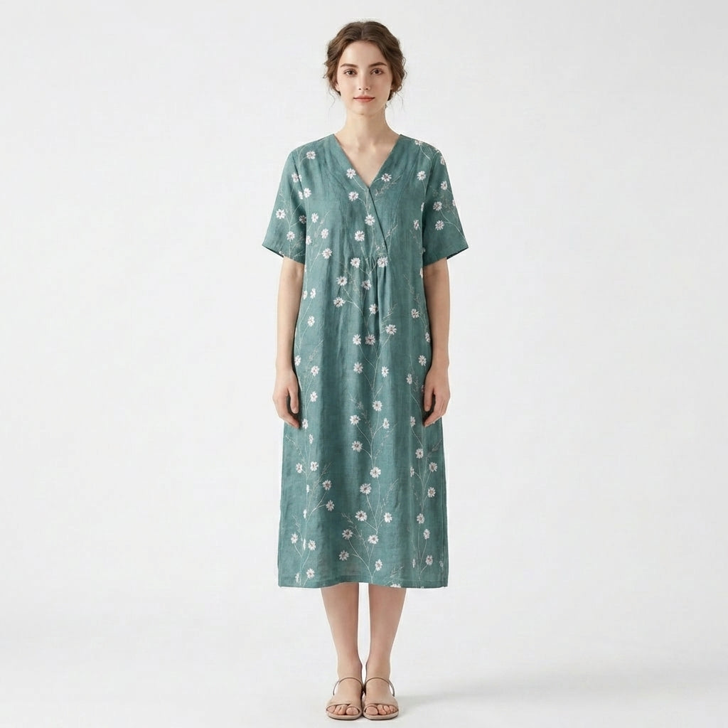 Women’s V Neck Midi Dress – Short Sleeve Floral