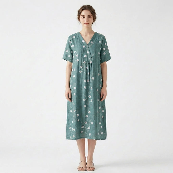 Women’s V Neck Midi Dress – Short Sleeve Floral