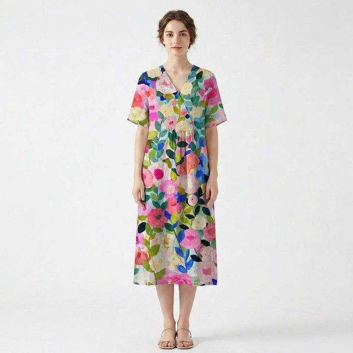 Women’s V Neck Midi Dress – Short Sleeve Floral