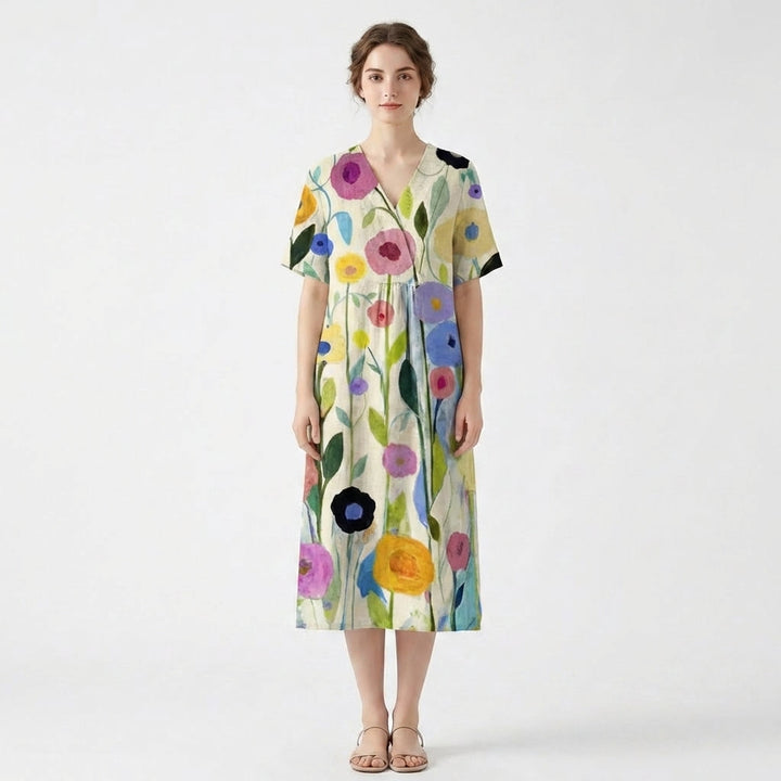 Women’s V Neck Midi Dress – Short Sleeve Floral