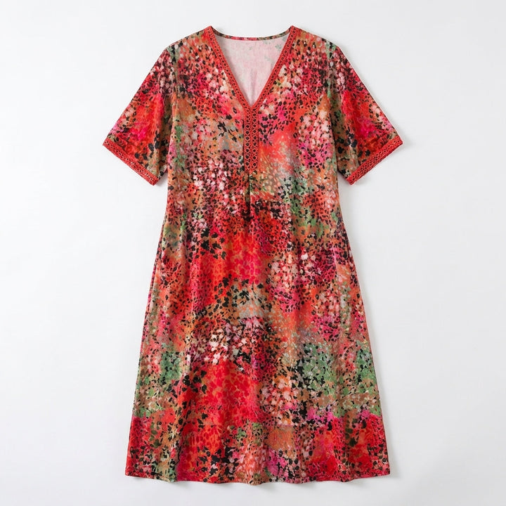 Women’s V Neck Midi Dress – Short Sleeve Printed