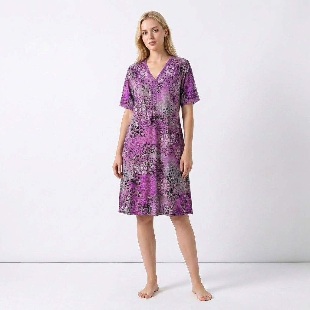 Women’s V Neck Midi Dress – Short Sleeve Printed