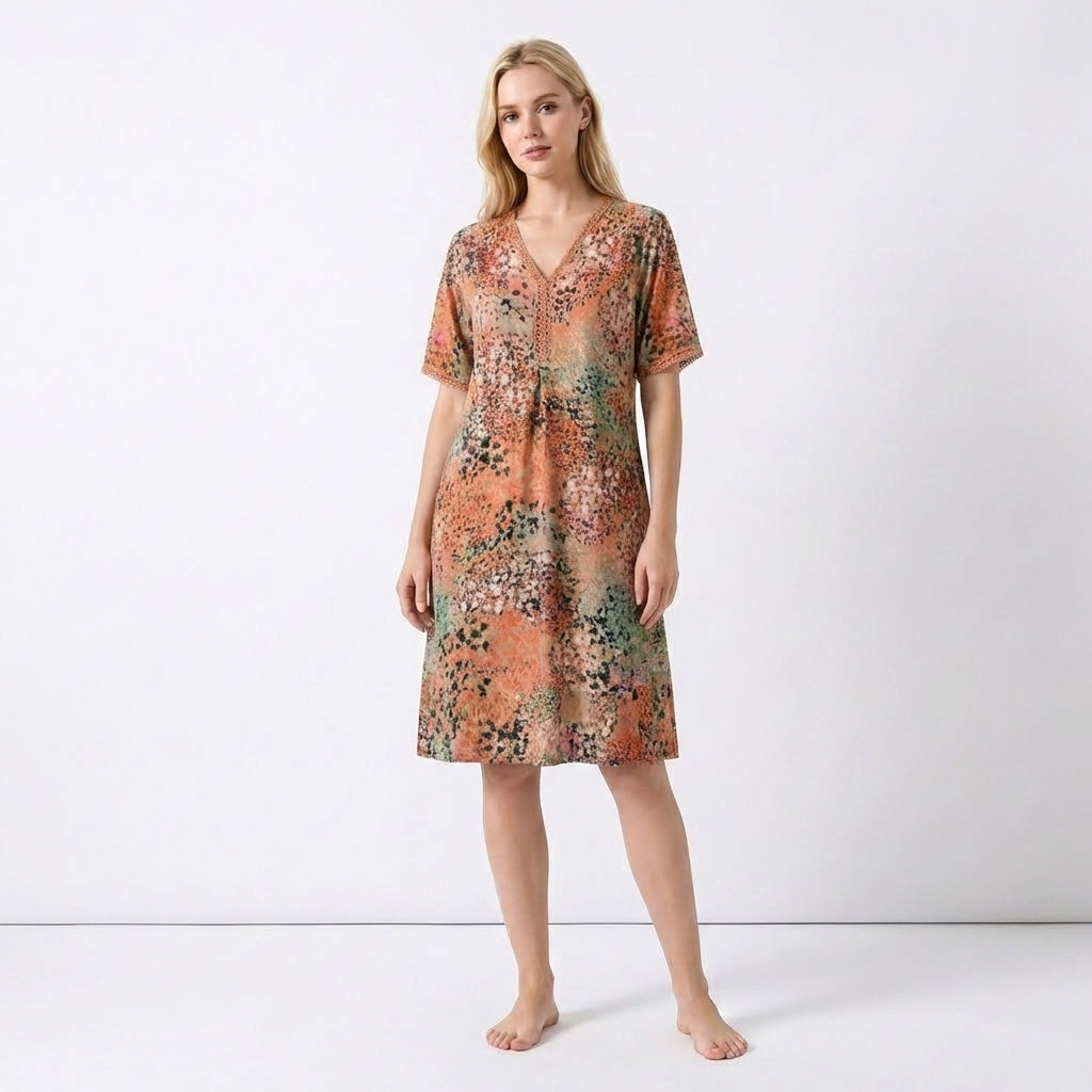 Women’s V Neck Midi Dress – Short Sleeve Printed