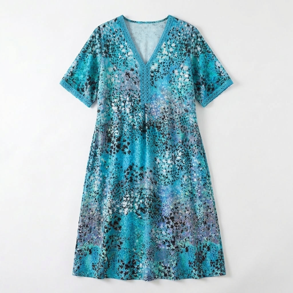 Women’s V Neck Midi Dress – Short Sleeve Printed