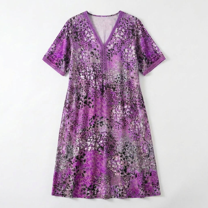 Women’s V Neck Midi Dress – Short Sleeve Printed