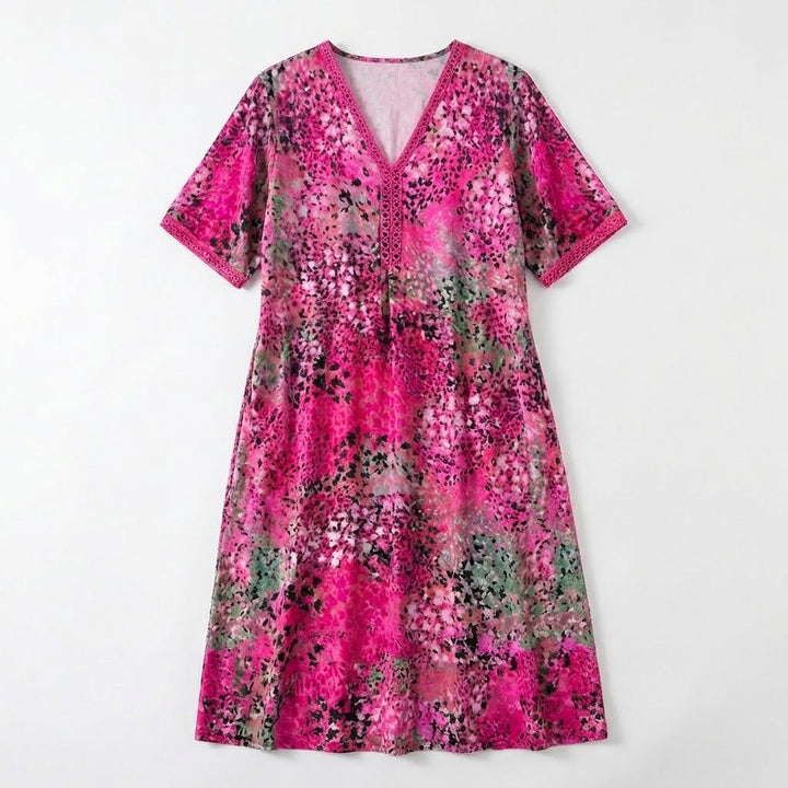 Women’s V Neck Midi Dress – Short Sleeve Printed