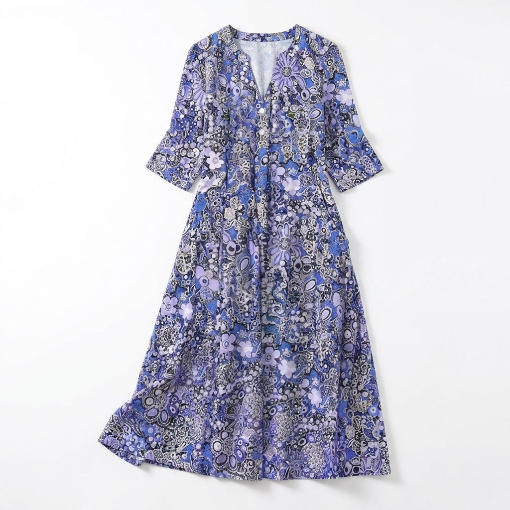 Women’s V Neck Midi Dress – Three Quarter Sleeve Printed