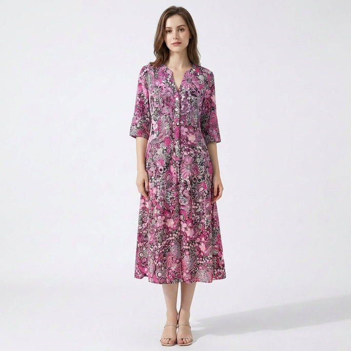 Women’s V Neck Midi Dress – Three Quarter Sleeve Printed